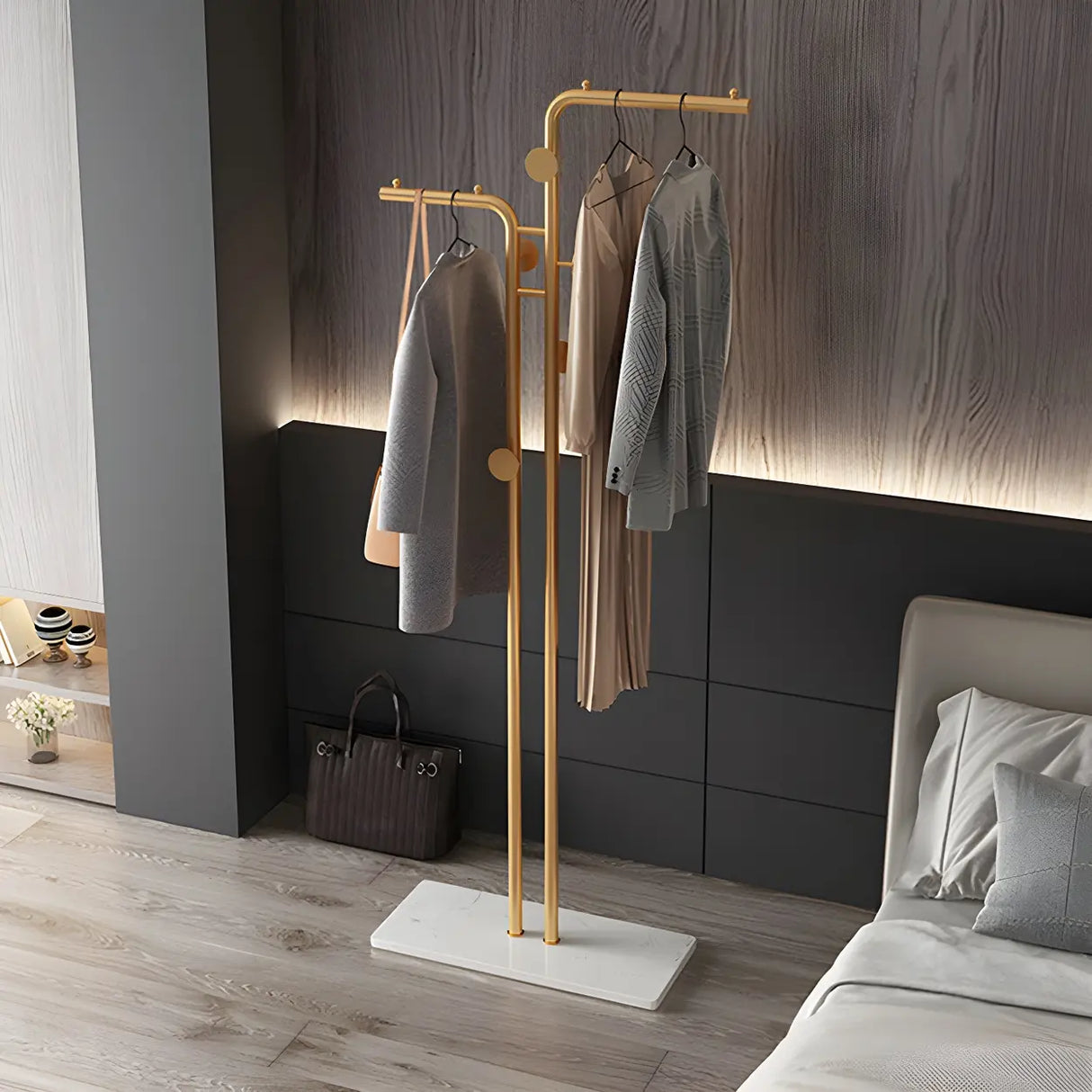 Marble Base Gold Metal Freestanding Coat Rack with Hooks Image - 26