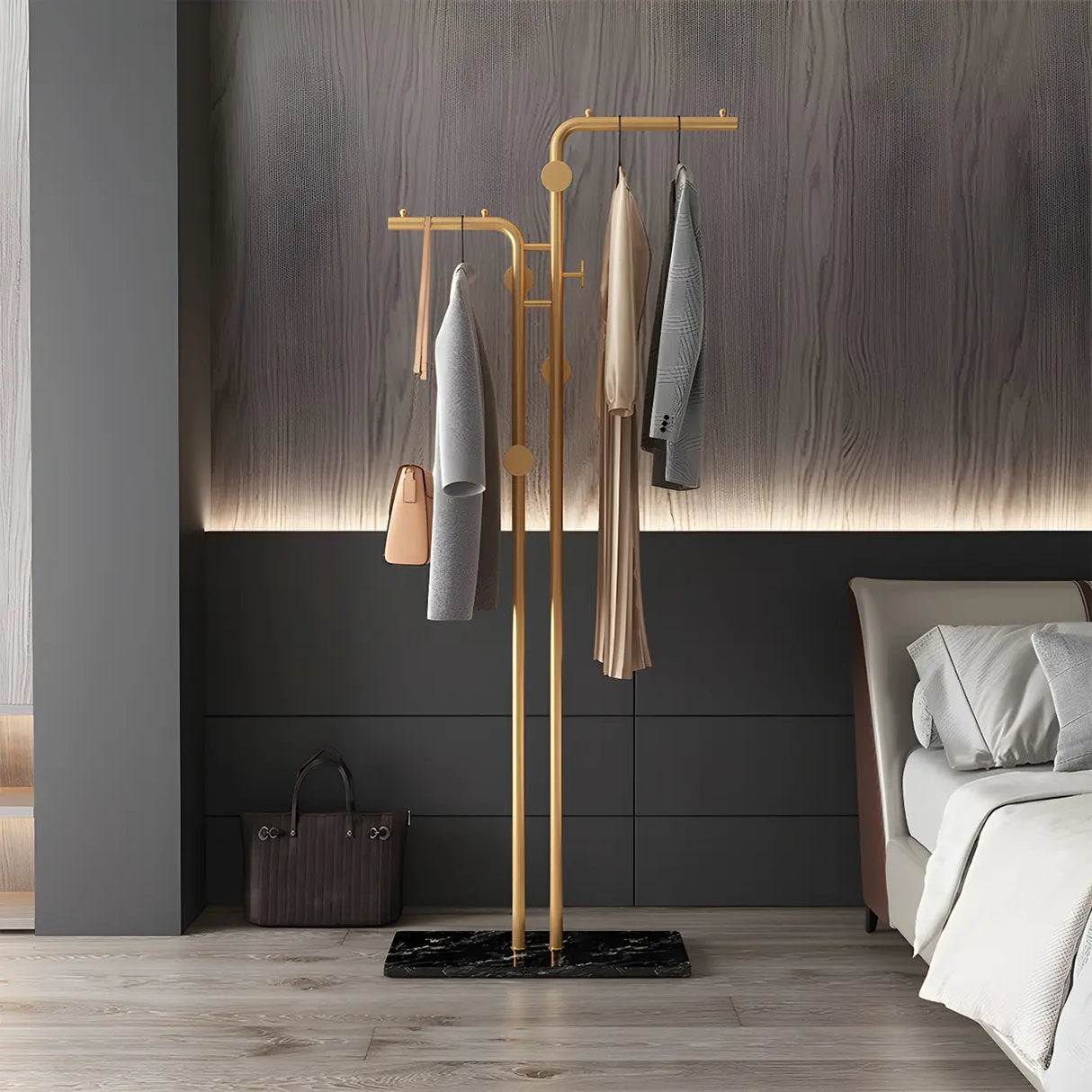 Marble Base Gold Metal Freestanding Coat Rack with Hooks Image - 3