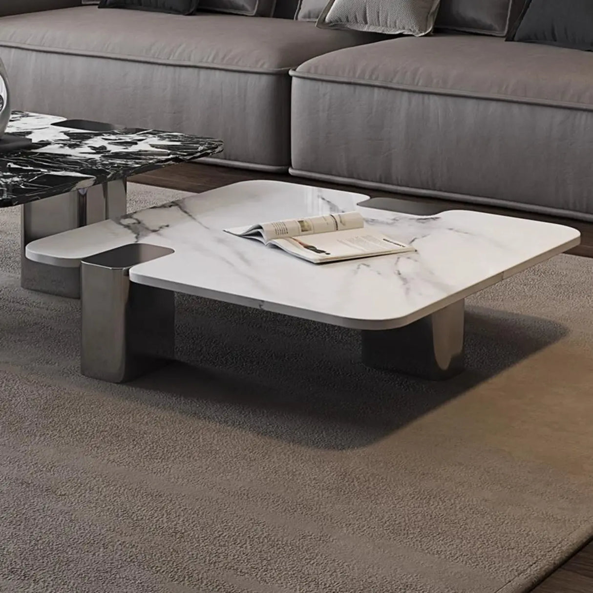 Marble Square Three Stainless Steel Leg Coffee Table Image - 10
