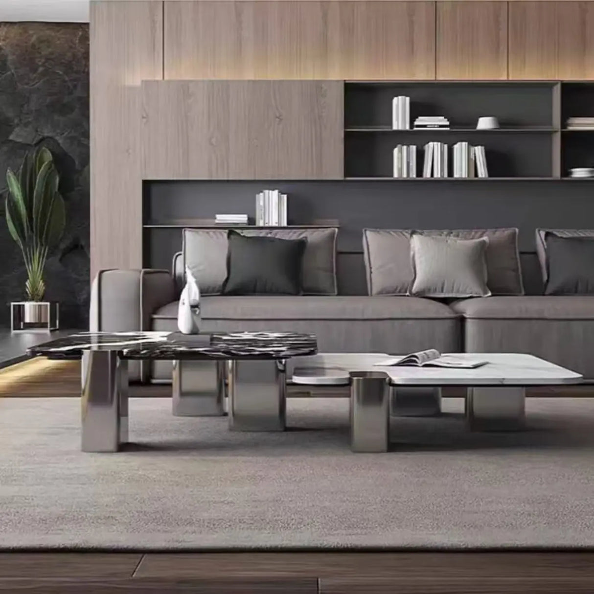 Marble Square Three Stainless Steel Leg Coffee Table Image - 5