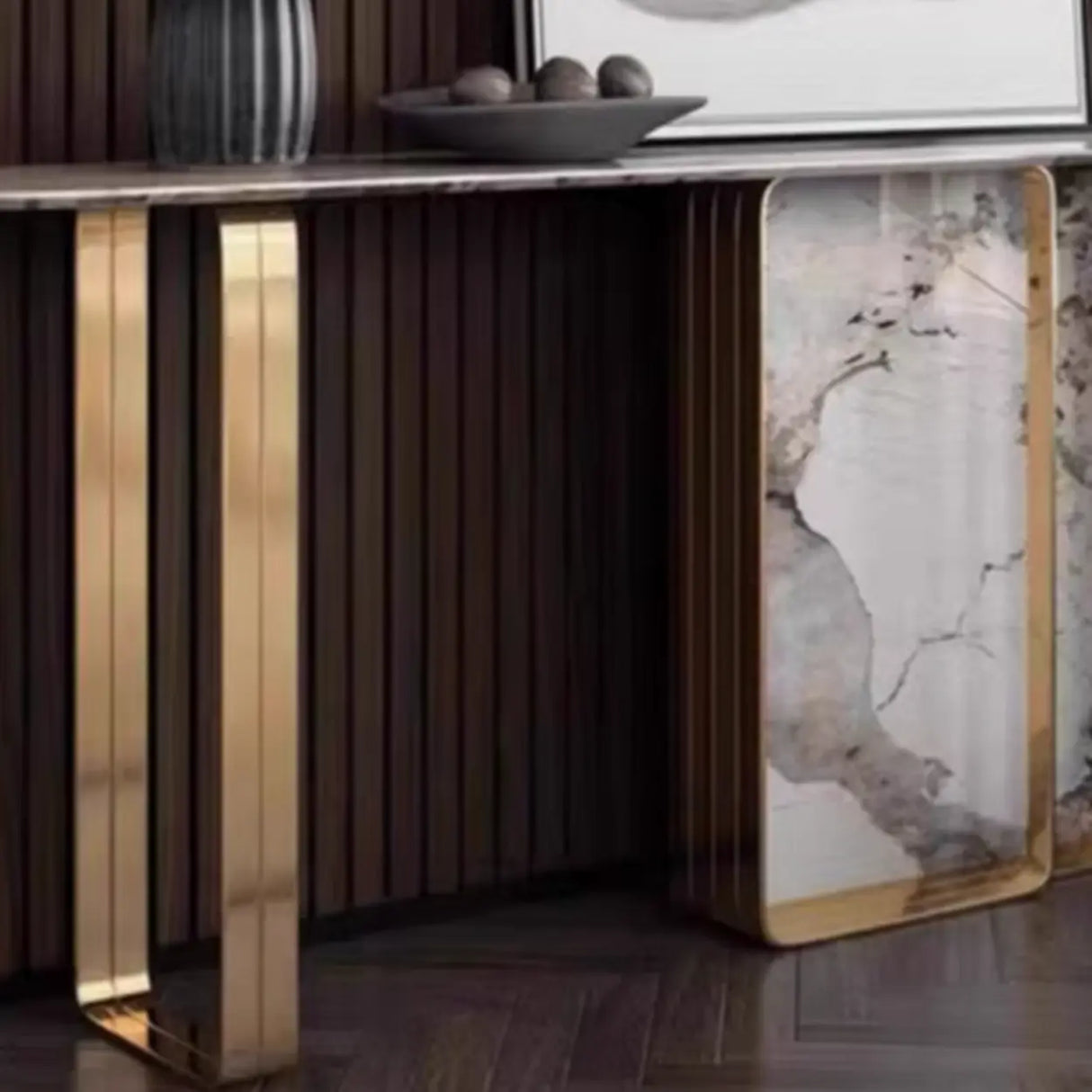 Marble Top Carbon Steel Abstract Frame Console Table Image - 3