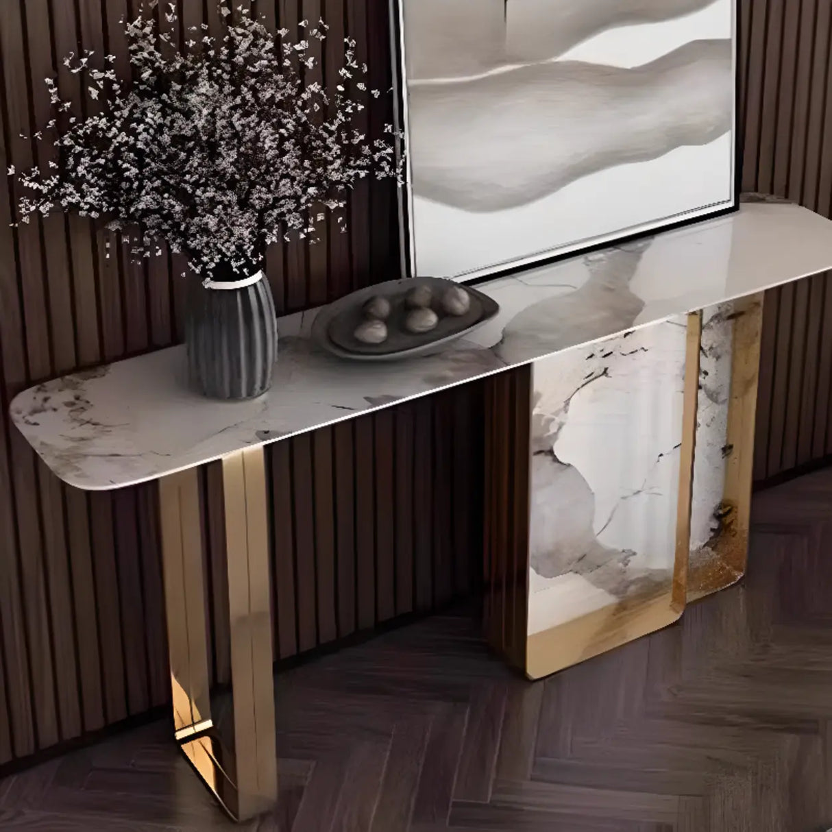 Marble Top Carbon Steel Abstract Frame Console Table Image - 4