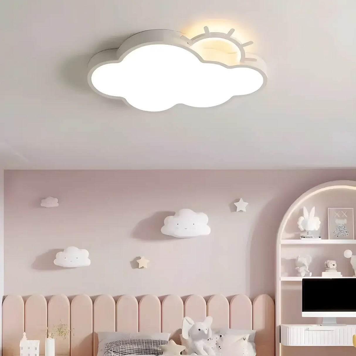 Medium Sun Cloud White Flush Mount Light Kids Room Image - 1