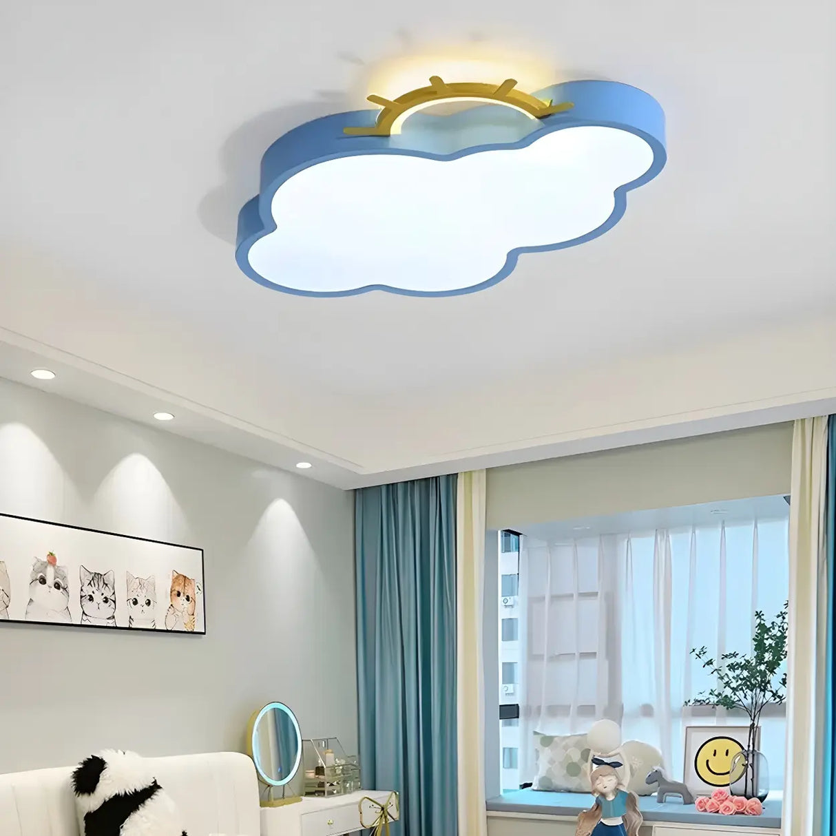 Medium Sun Cloud White Flush Mount Light Kids Room Image - 8