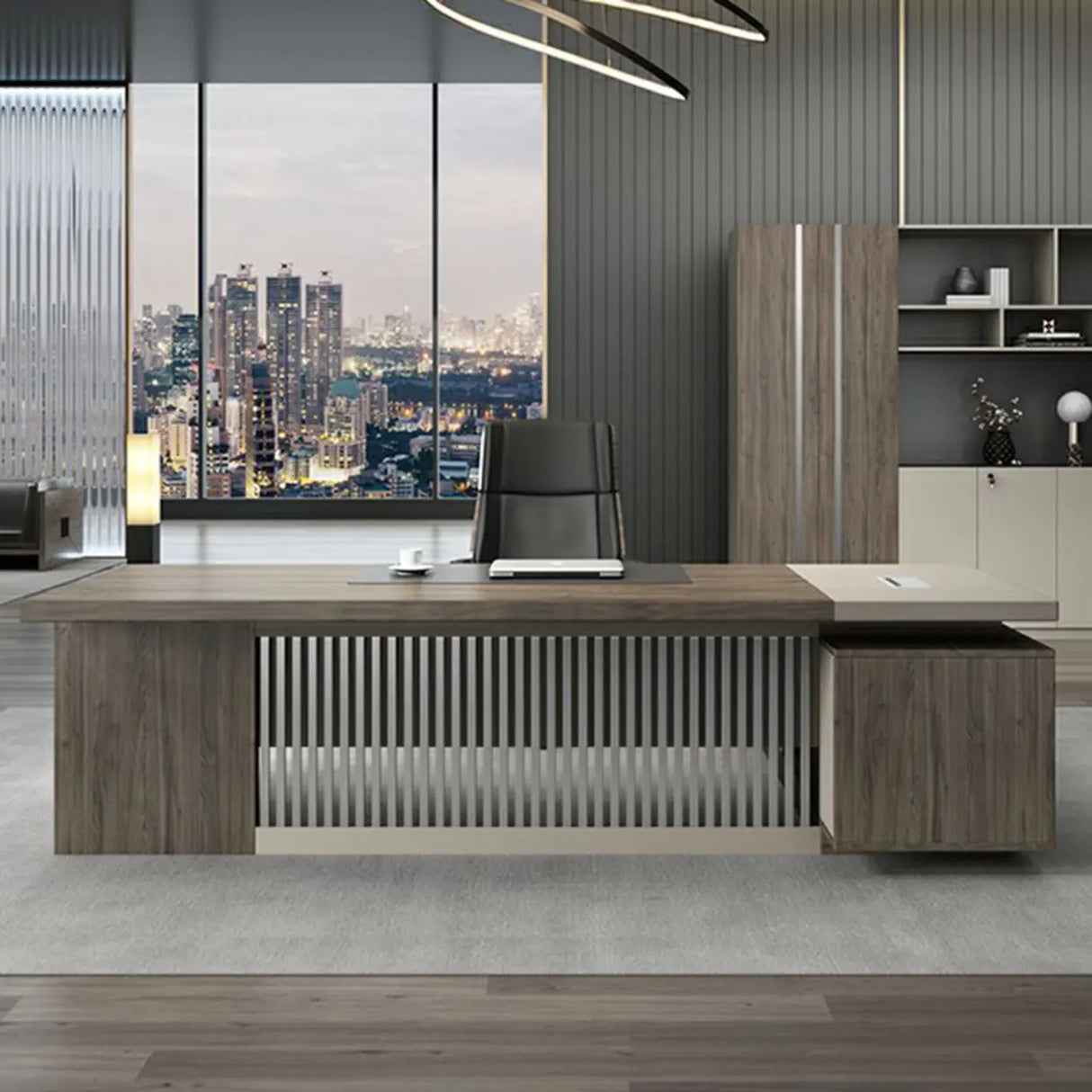 Medium Wood Tone L-Shape Office Executive Desk Image - 1