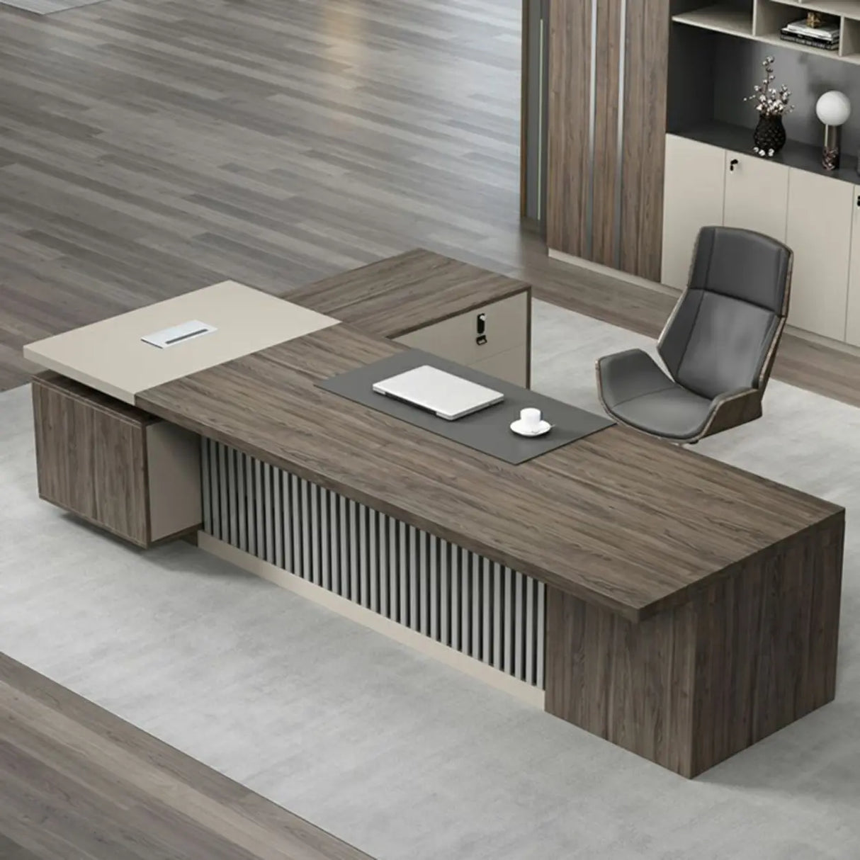 Medium Wood Tone L-Shape Office Executive Desk Image - 13