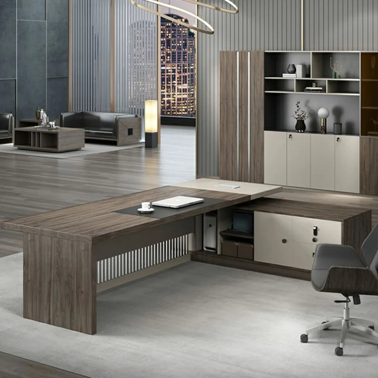 Medium Wood Tone L-Shape Office Executive Desk Image - 4