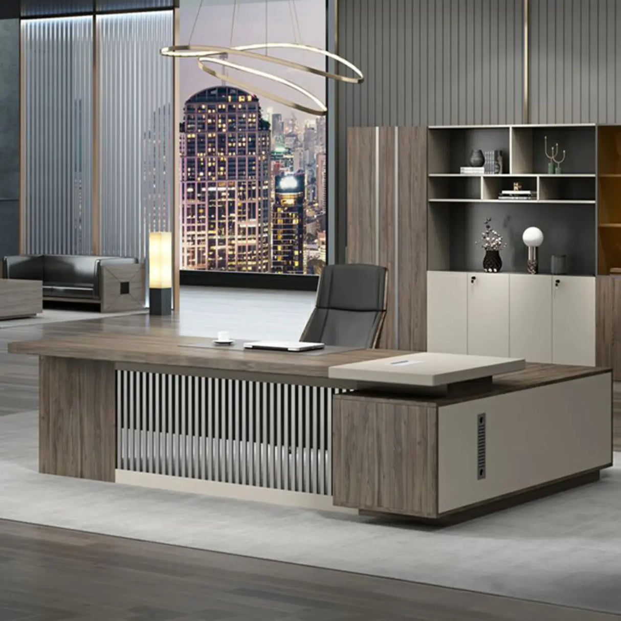 Medium Wood Tone L-Shape Office Executive Desk Image - 5