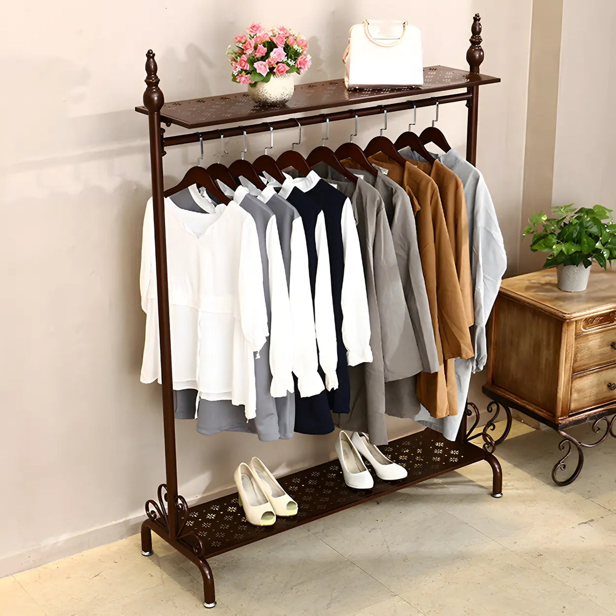 Metal Brown Freestanding Garment Coat Rack with Shelves Image - 10