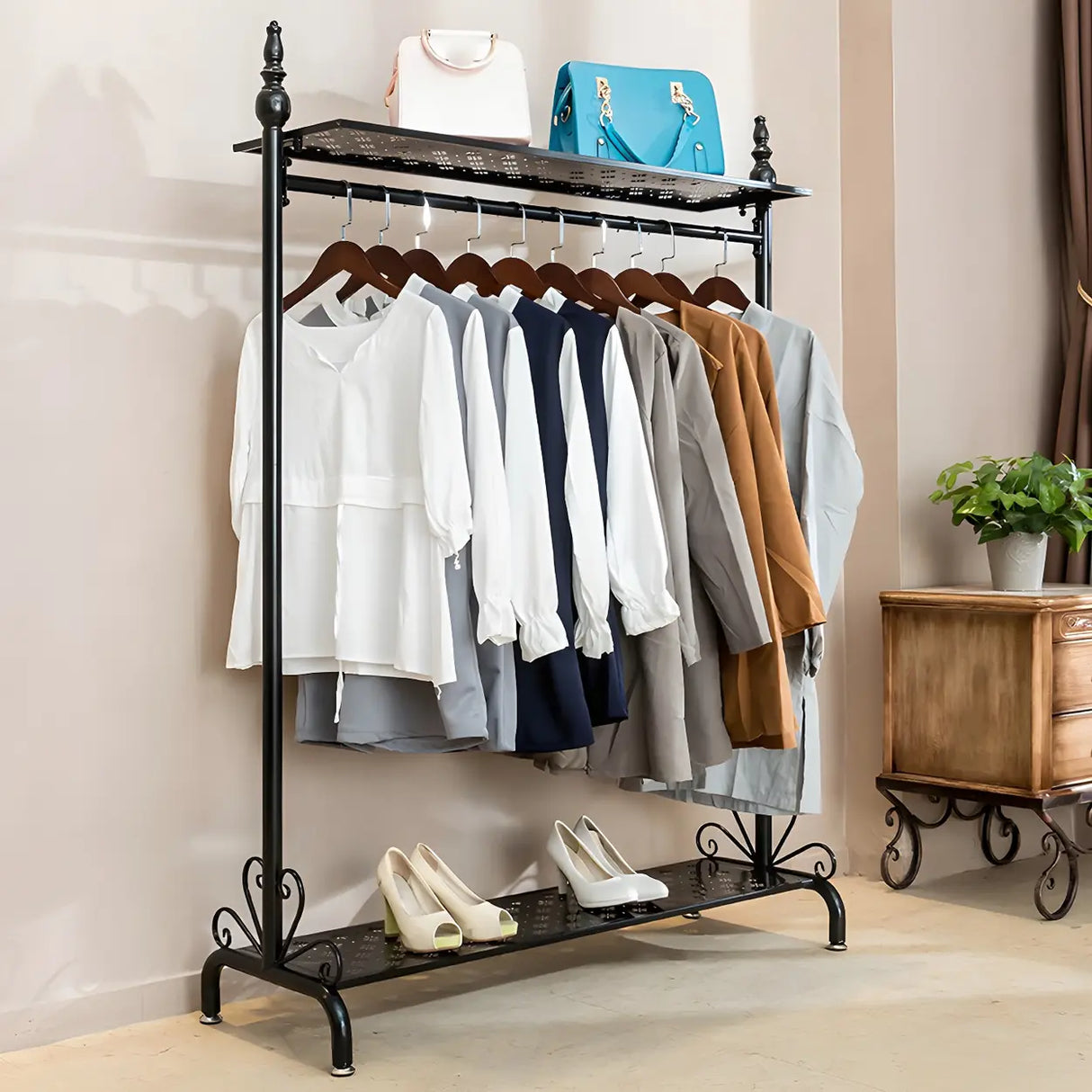 Metal Brown Freestanding Garment Coat Rack with Shelves Image - 2