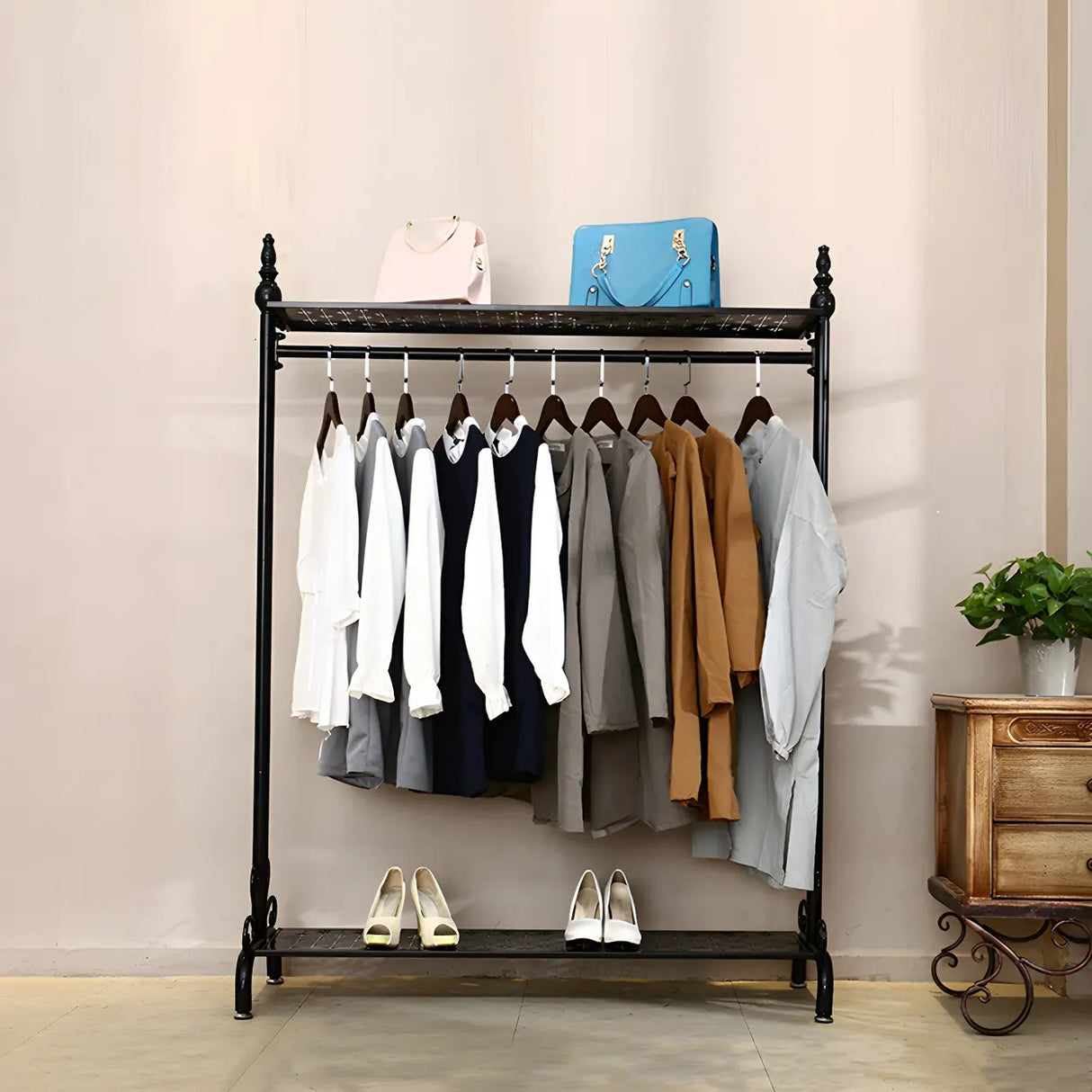 Metal Brown Freestanding Garment Coat Rack with Shelves Image - 3