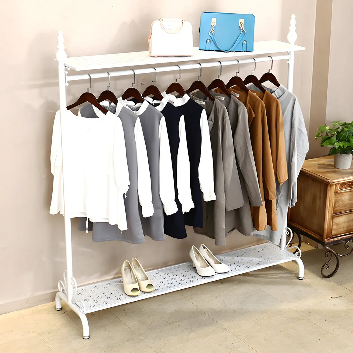 Metal Brown Freestanding Garment Coat Rack with Shelves Image - 4