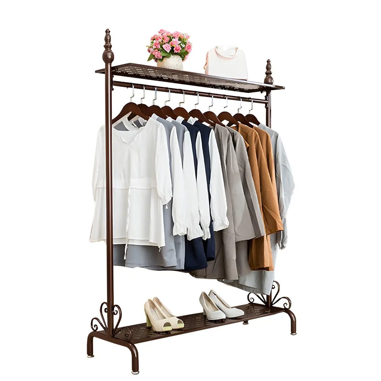 Metal Brown Freestanding Garment Coat Rack with Shelves Image - 5