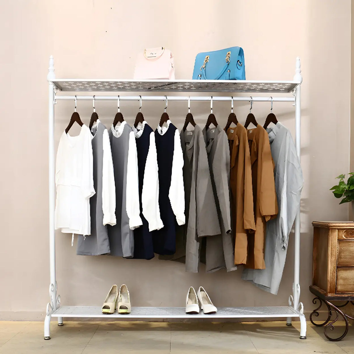 Metal Brown Freestanding Garment Coat Rack with Shelves Image - 6