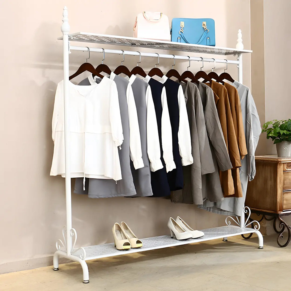 Metal Brown Freestanding Garment Coat Rack with Shelves Image - 7