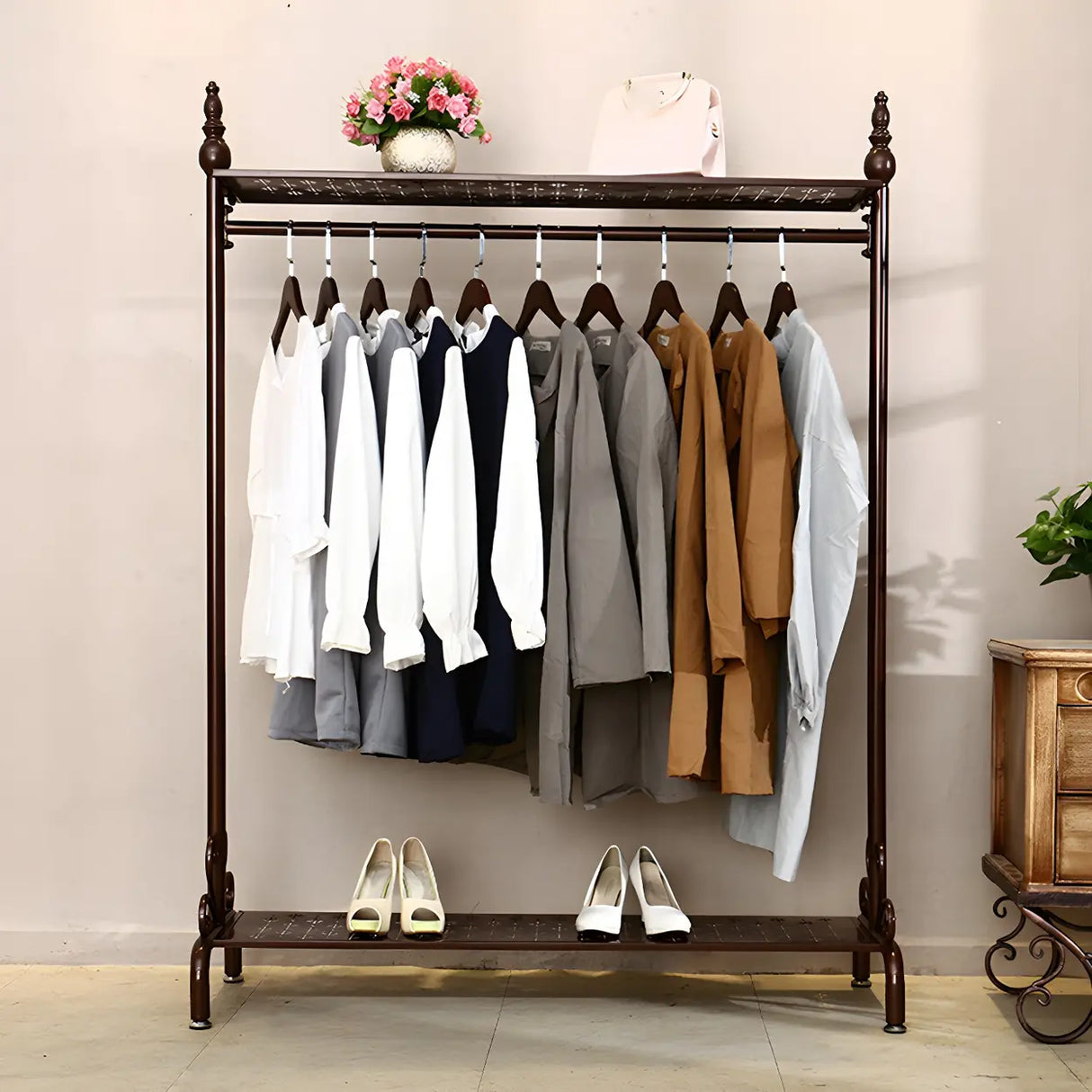 Metal Brown Freestanding Garment Coat Rack with Shelves Image - 8