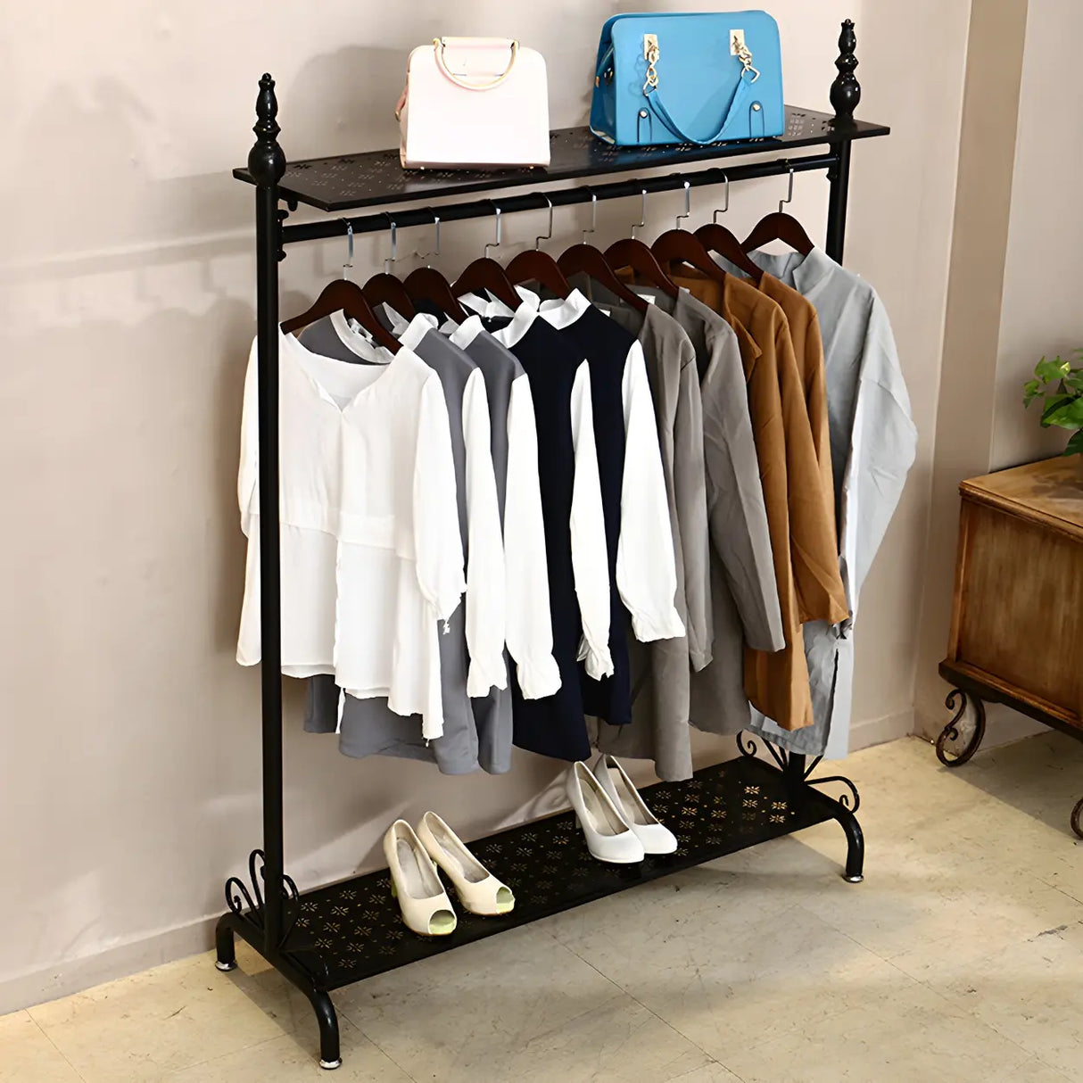 Metal Brown Freestanding Garment Coat Rack with Shelves Image - 9
