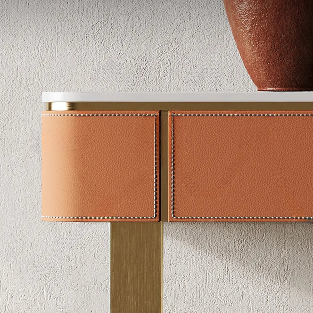 Metal Double Pedestal Stone Orange Storage Console Table Image - 10