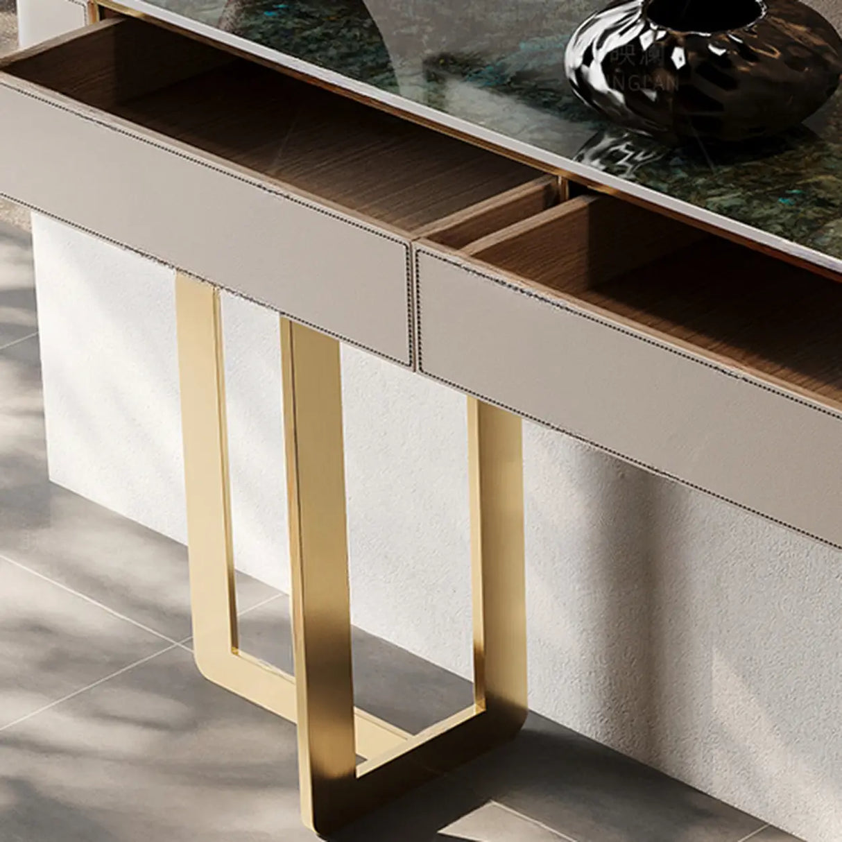 Metal Double Pedestal Stone Orange Storage Console Table Image - 14