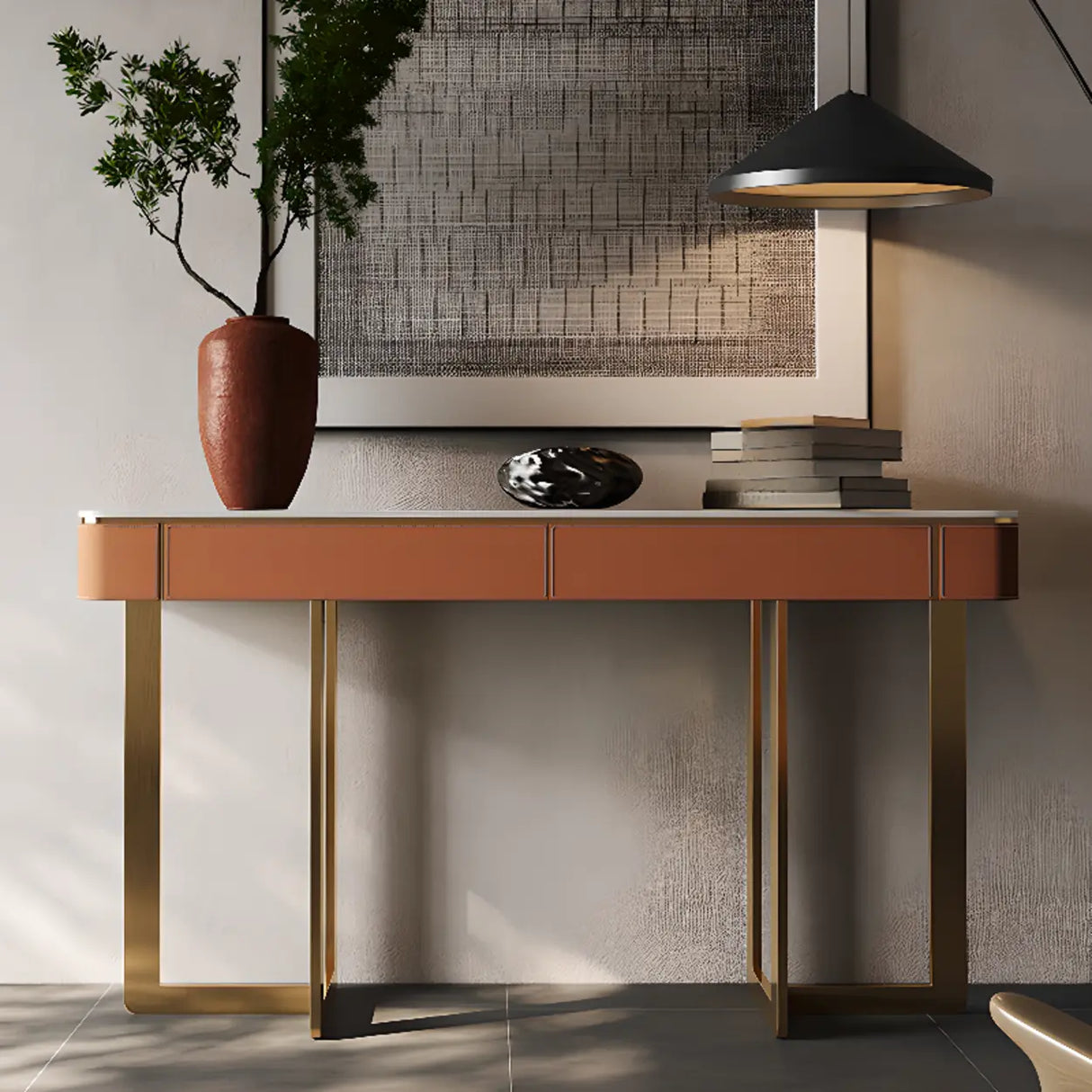 Metal Double Pedestal Stone Orange Storage Console Table Image - 1