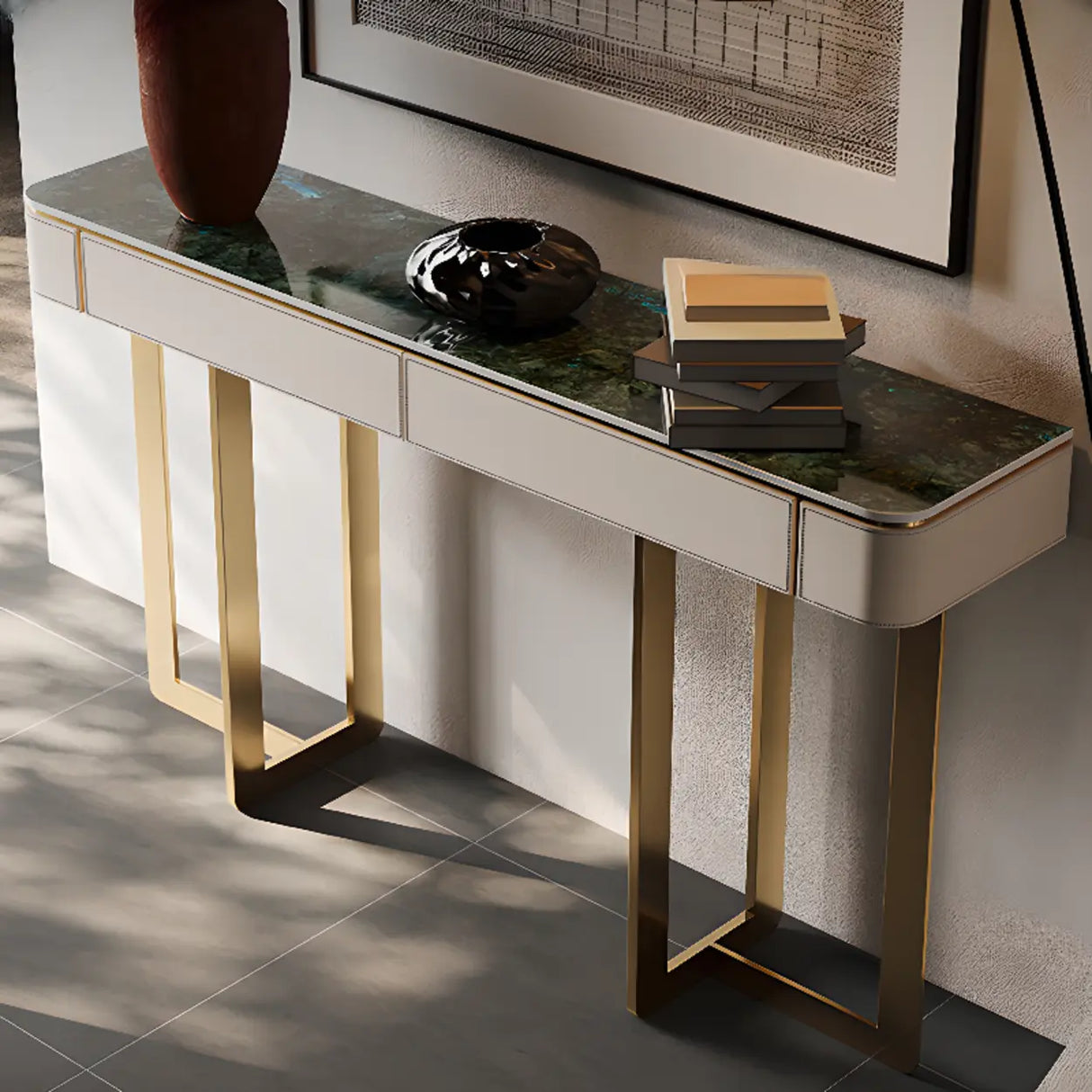 Metal Double Pedestal Stone Orange Storage Console Table Image - 3