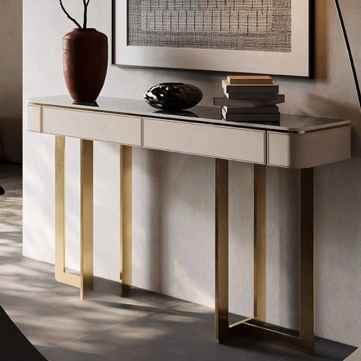 Metal Double Pedestal Stone Orange Storage Console Table Image - 6