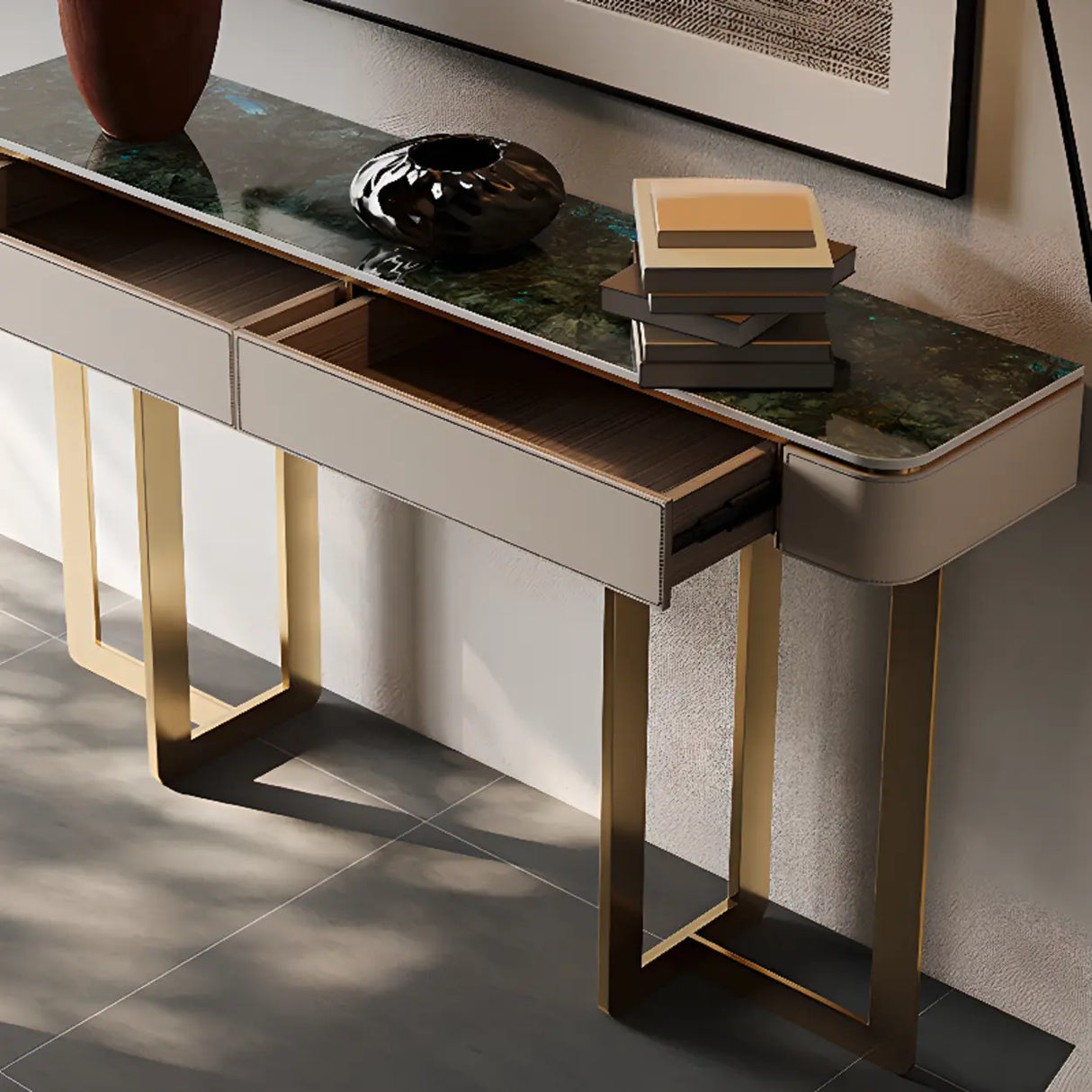 Metal Double Pedestal Stone Orange Storage Console Table Image - 8