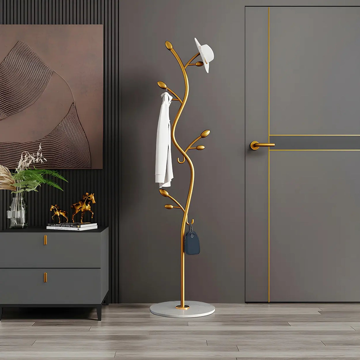 Metal Frame Hooks Black-Gold Tall Tree Coat Stand Rack Image - 17