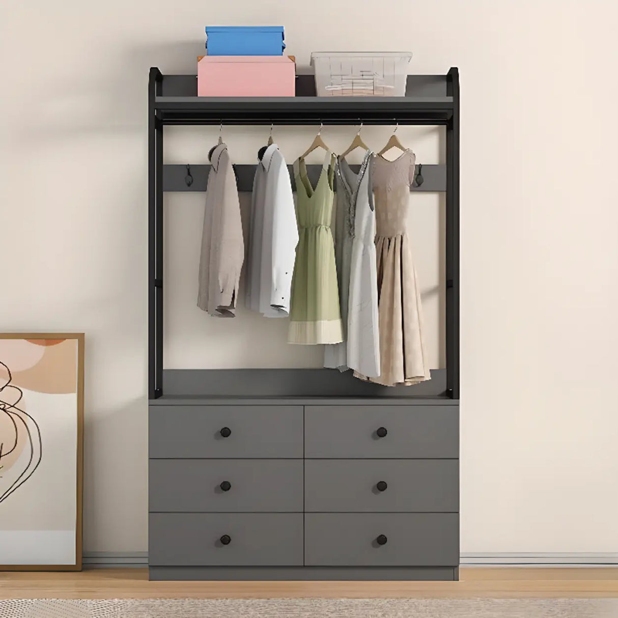 Metal Frame Shelves Brown Drawers Open Storage Hall Tree Image - 12