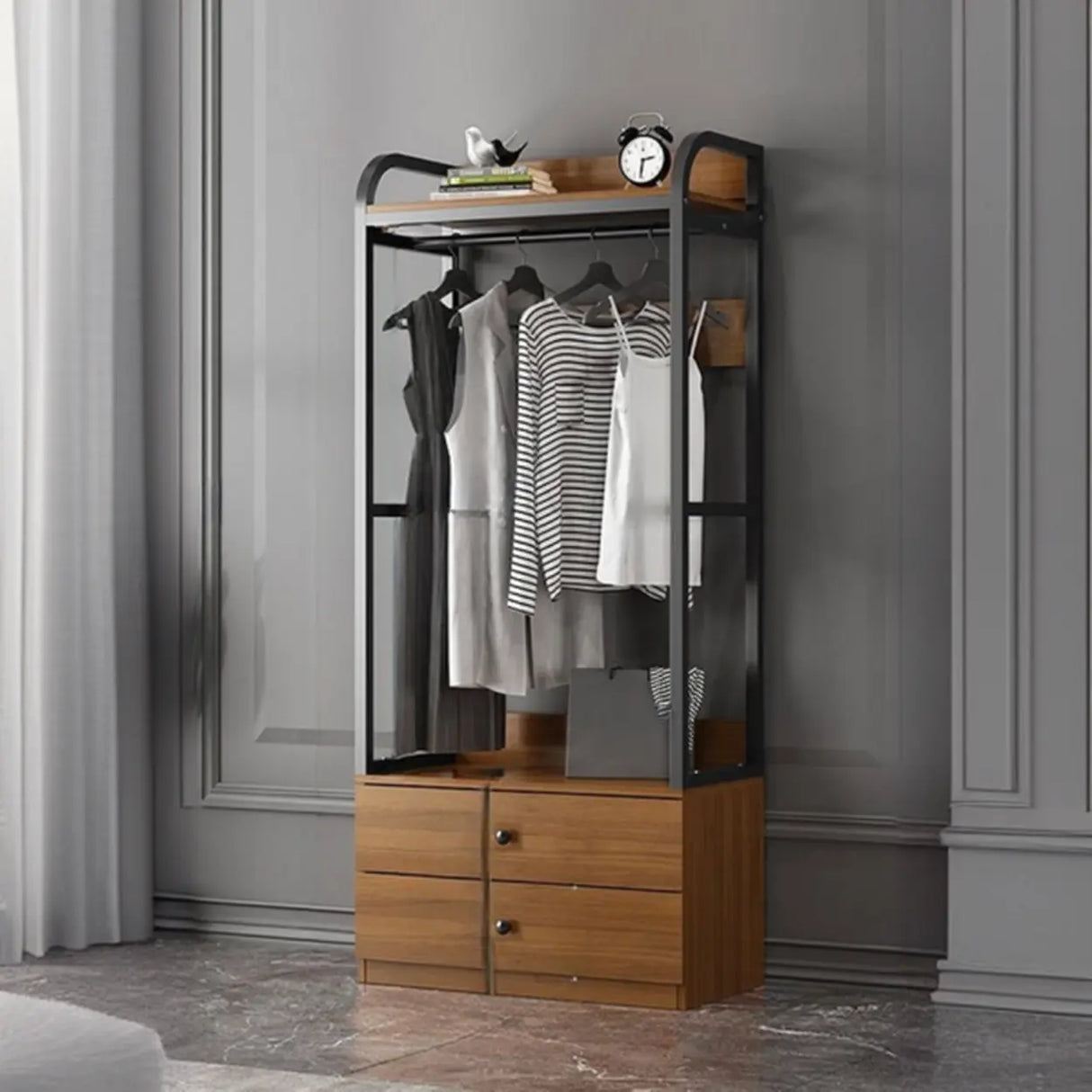 Metal Frame Shelves Brown Drawers Open Storage Hall Tree Image - 13