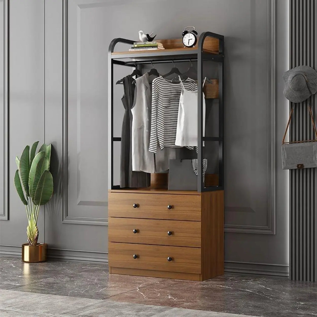 Metal Frame Shelves Brown Drawers Open Storage Hall Tree Image - 1