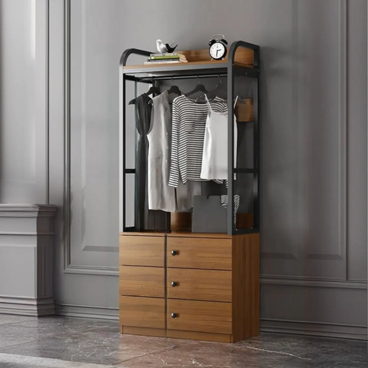 Metal Frame Shelves Brown Drawers Open Storage Hall Tree Image - 20