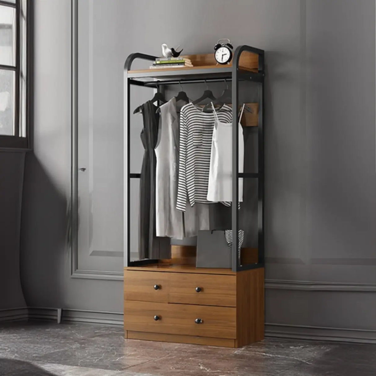 Metal Frame Shelves Brown Drawers Open Storage Hall Tree Image - 24