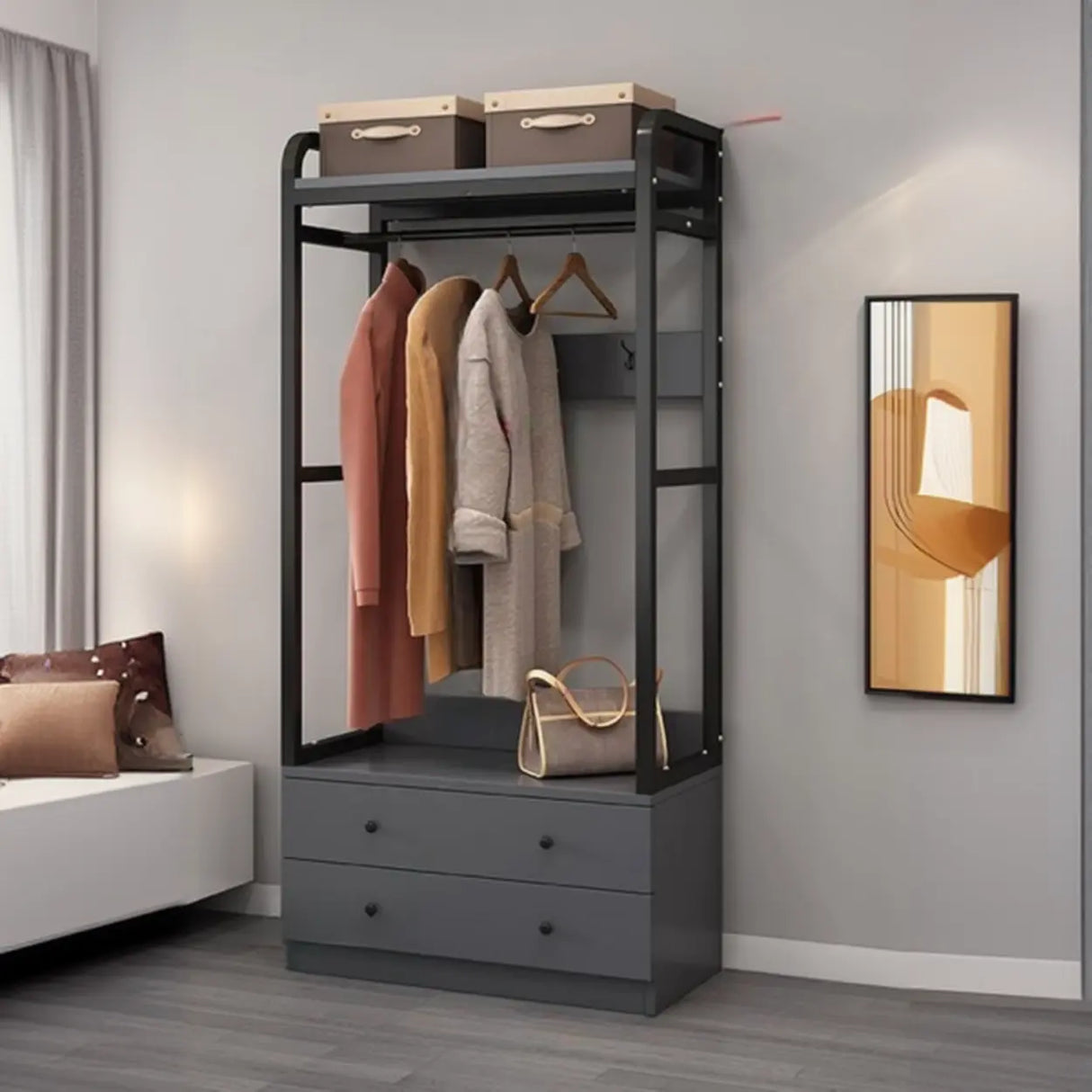 Metal Frame Shelves Brown Drawers Open Storage Hall Tree Image - 25