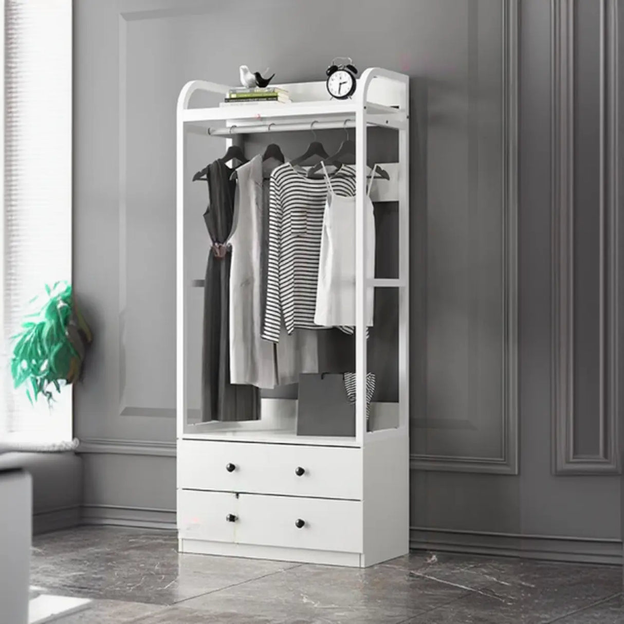 Metal Frame Shelves Brown Drawers Open Storage Hall Tree Image - 26