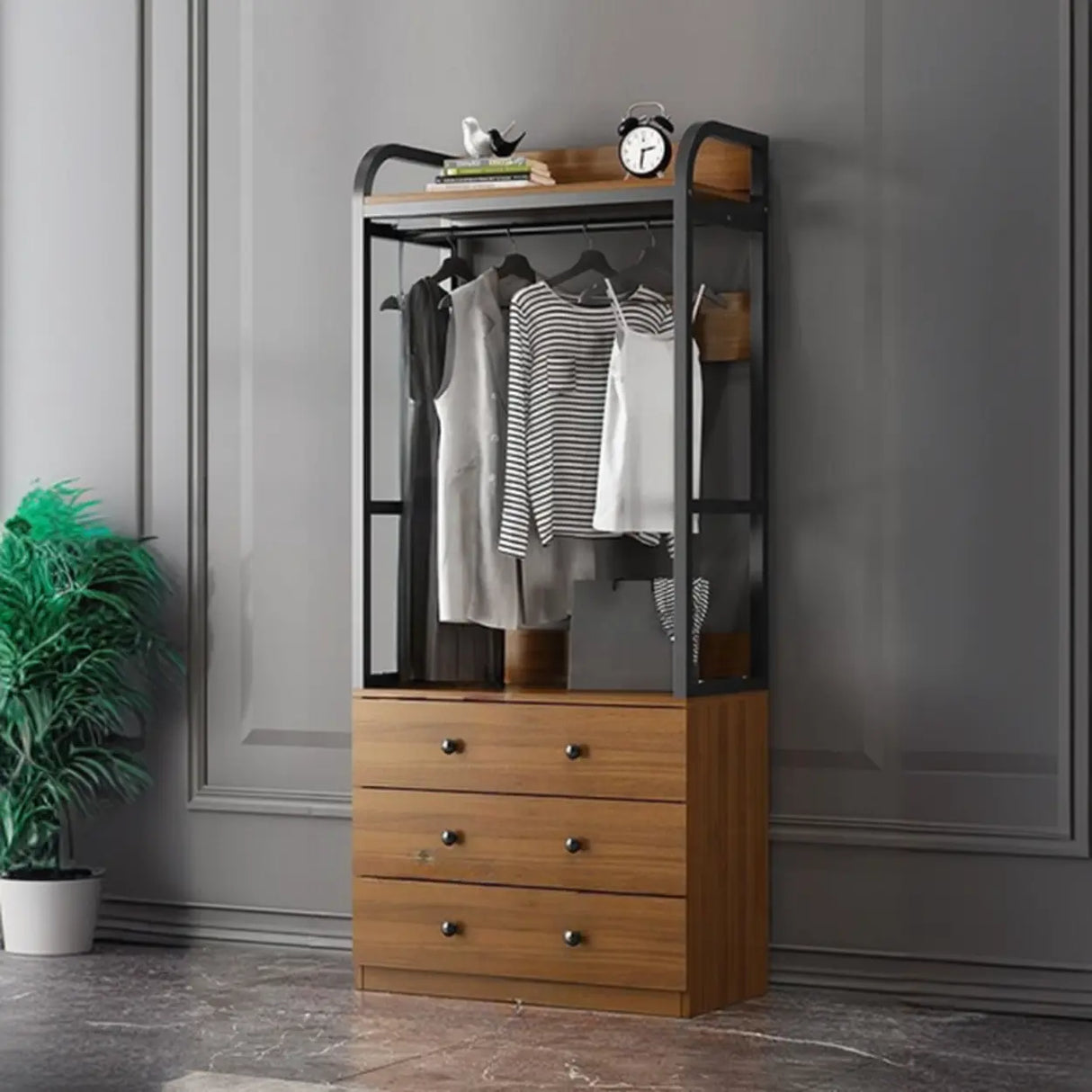 Metal Frame Shelves Brown Drawers Open Storage Hall Tree Image - 27