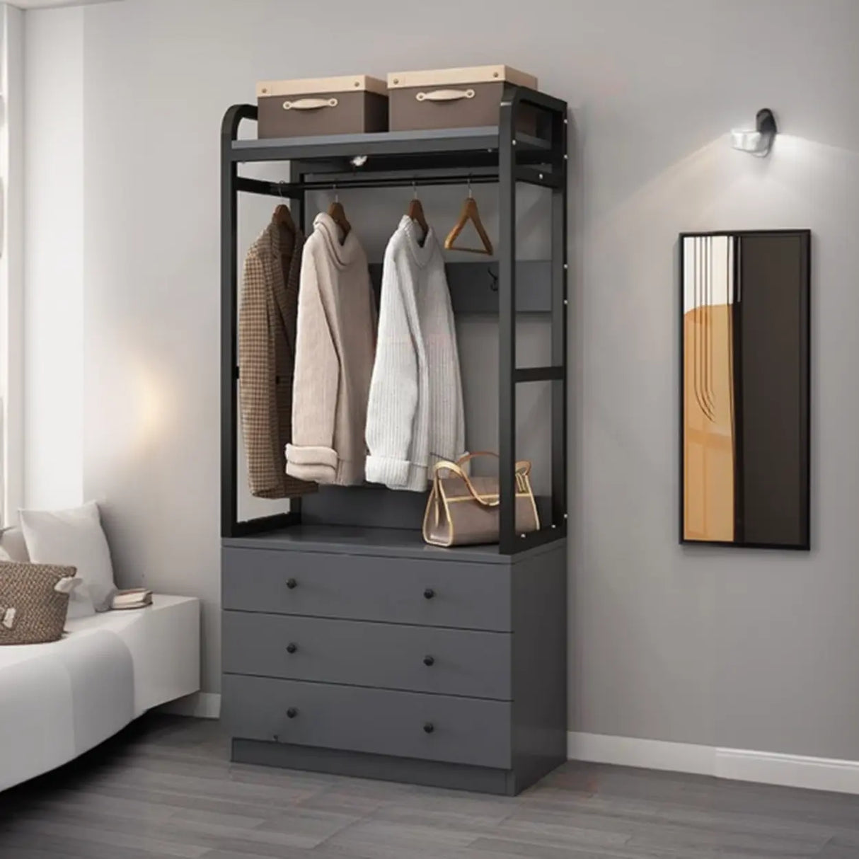 Metal Frame Shelves Brown Drawers Open Storage Hall Tree Image - 28