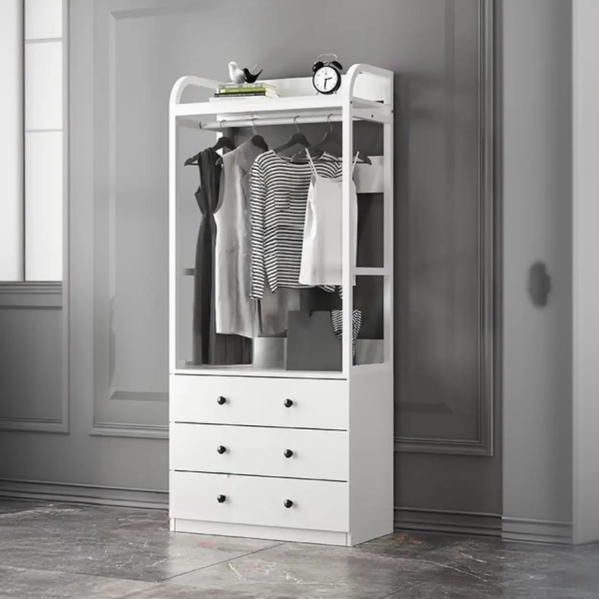 Metal Frame Shelves Brown Drawers Open Storage Hall Tree Image - 29