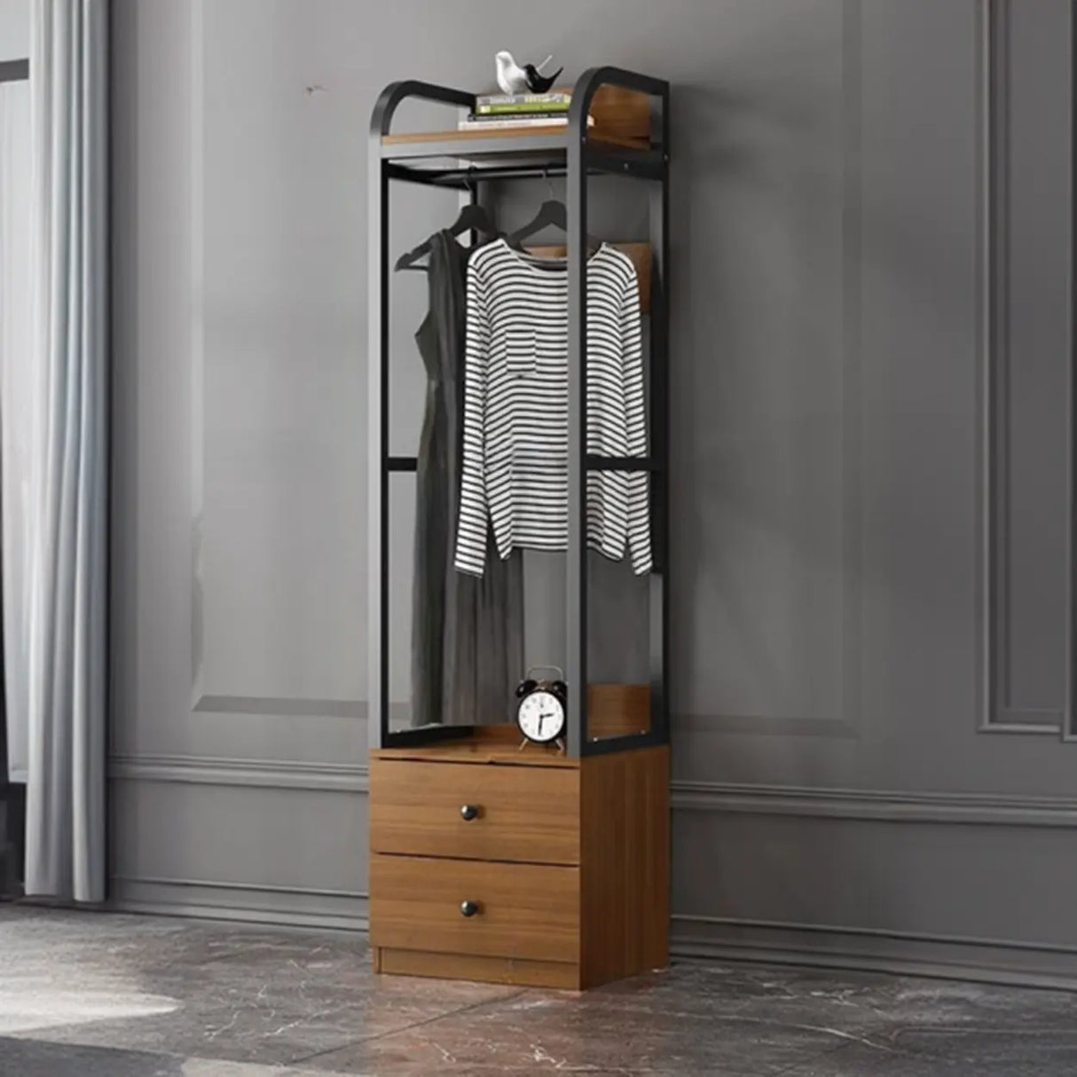 Metal Frame Shelves Brown Drawers Open Storage Hall Tree Image - 2