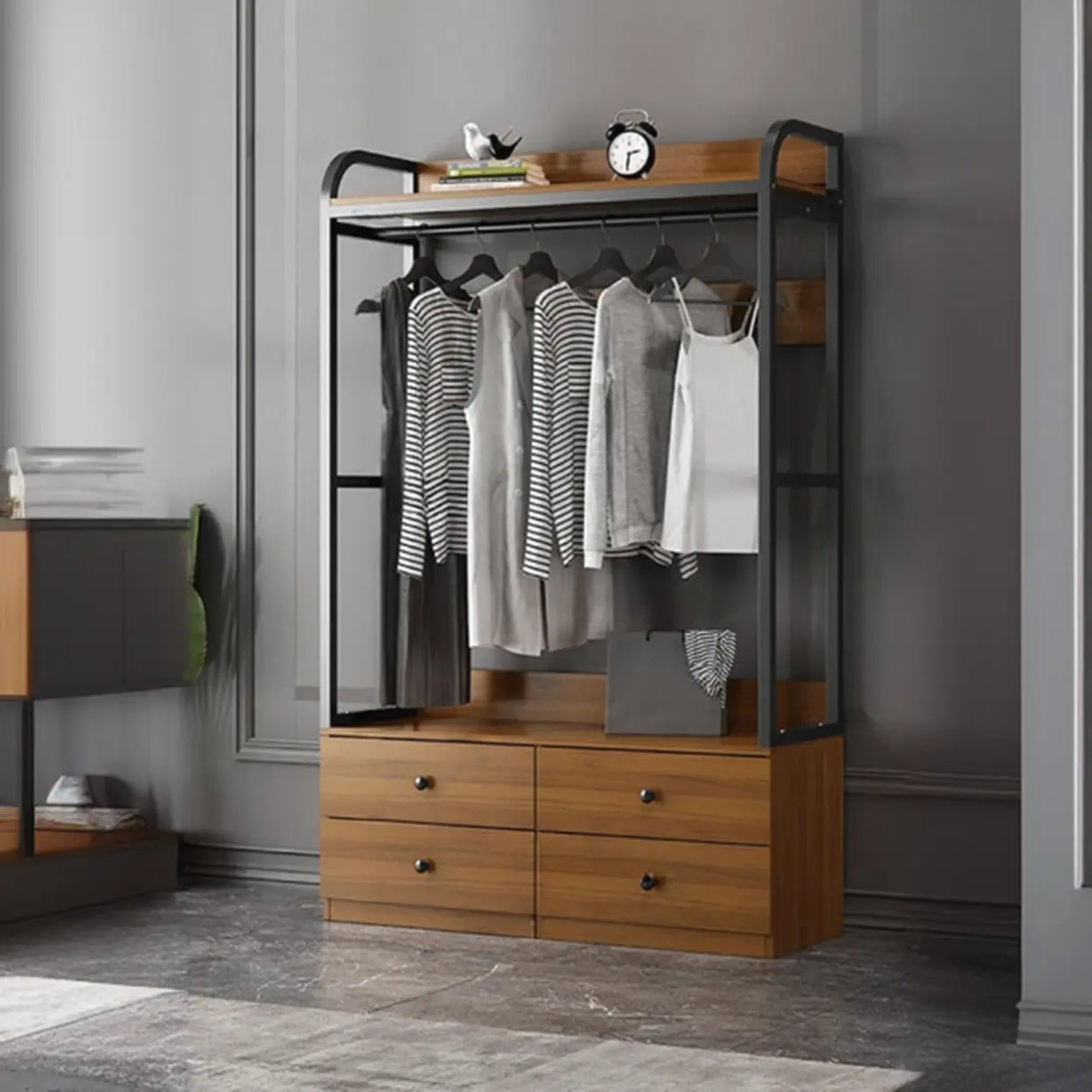 Metal Frame Shelves Brown Drawers Open Storage Hall Tree Image - 30