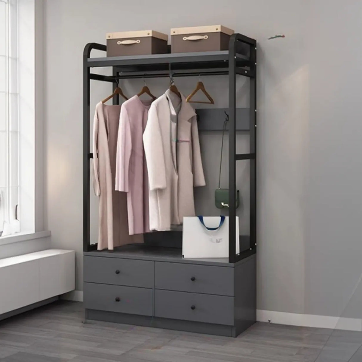 Metal Frame Shelves Brown Drawers Open Storage Hall Tree Image - 31