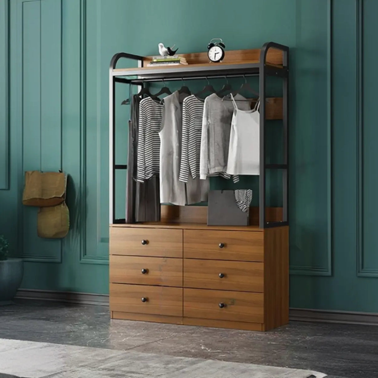 Metal Frame Shelves Brown Drawers Open Storage Hall Tree Image - 33