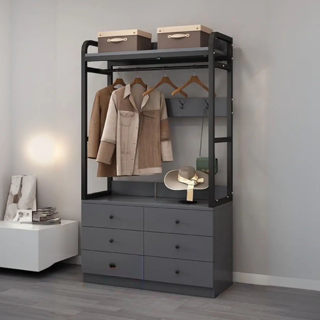 Metal Frame Shelves Brown Drawers Open Storage Hall Tree Image - 34