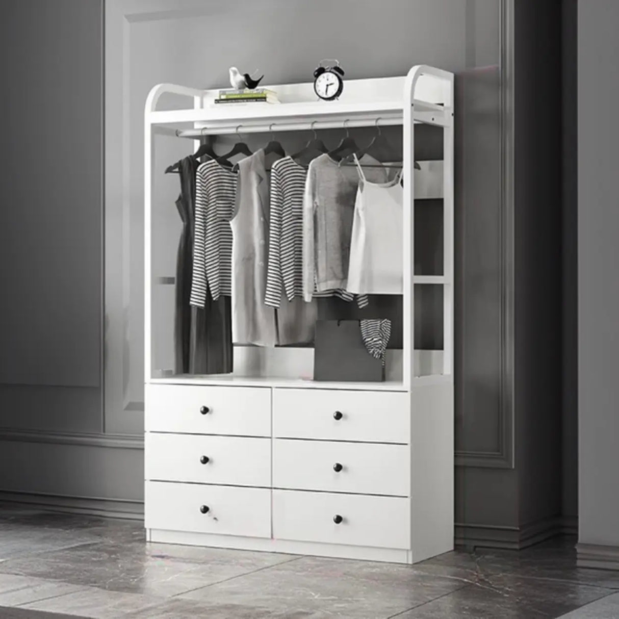 Metal Frame Shelves Brown Drawers Open Storage Hall Tree Image - 35