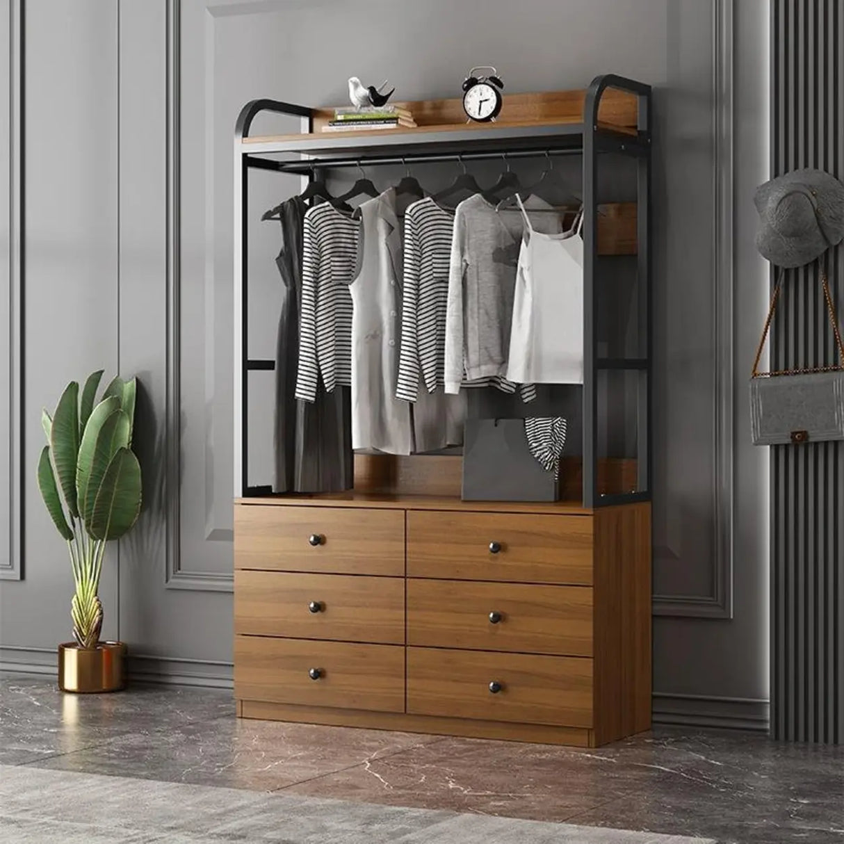 Metal Frame Shelves Brown Drawers Open Storage Hall Tree Image - 3