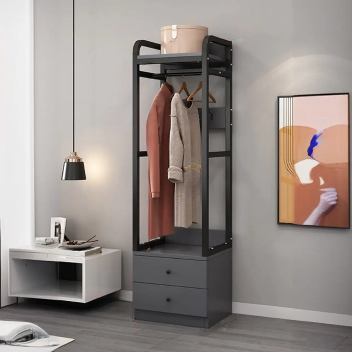 Metal Frame Shelves Brown Drawers Open Storage Hall Tree Image - 4