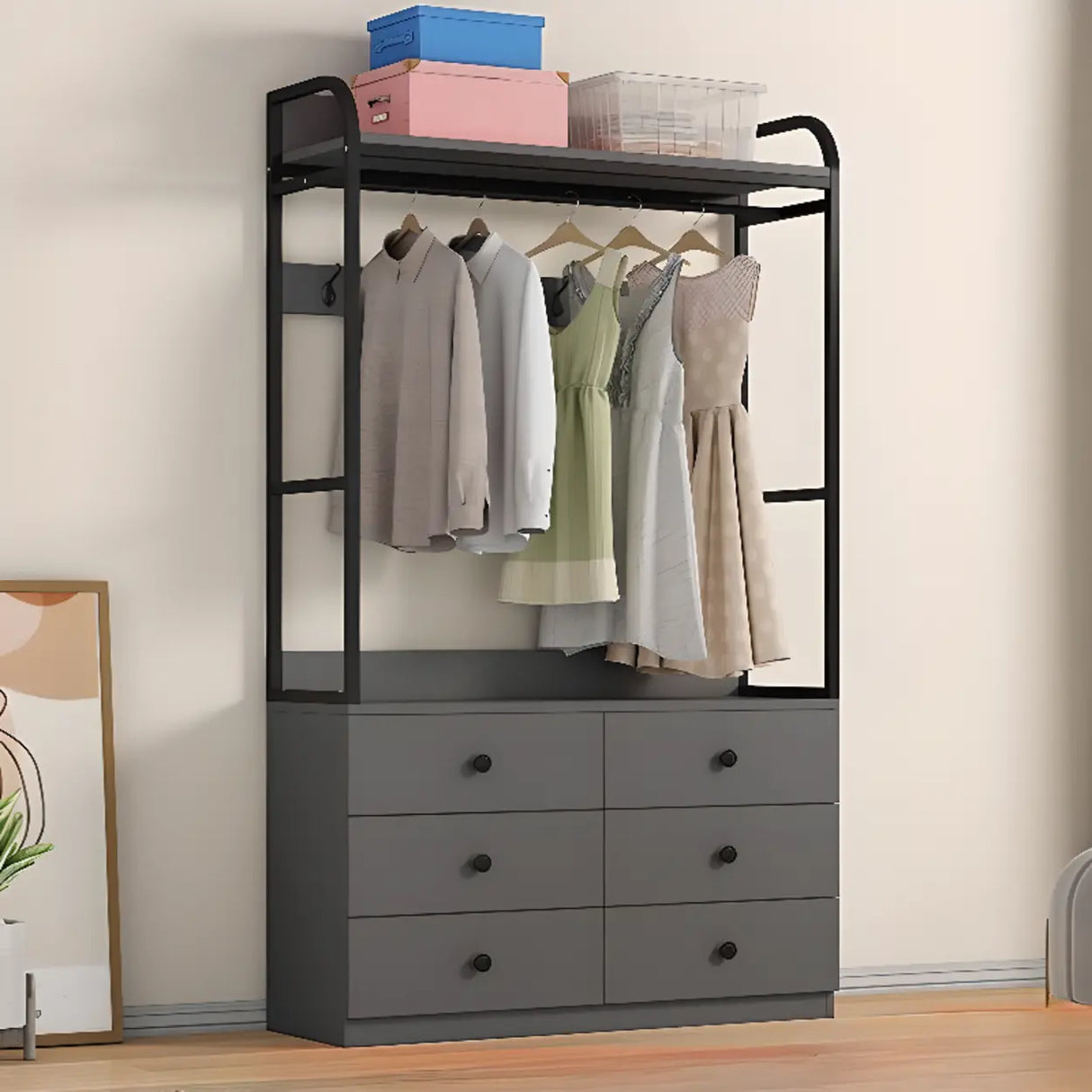 Metal Frame Shelves Brown Drawers Open Storage Hall Tree Image - 5