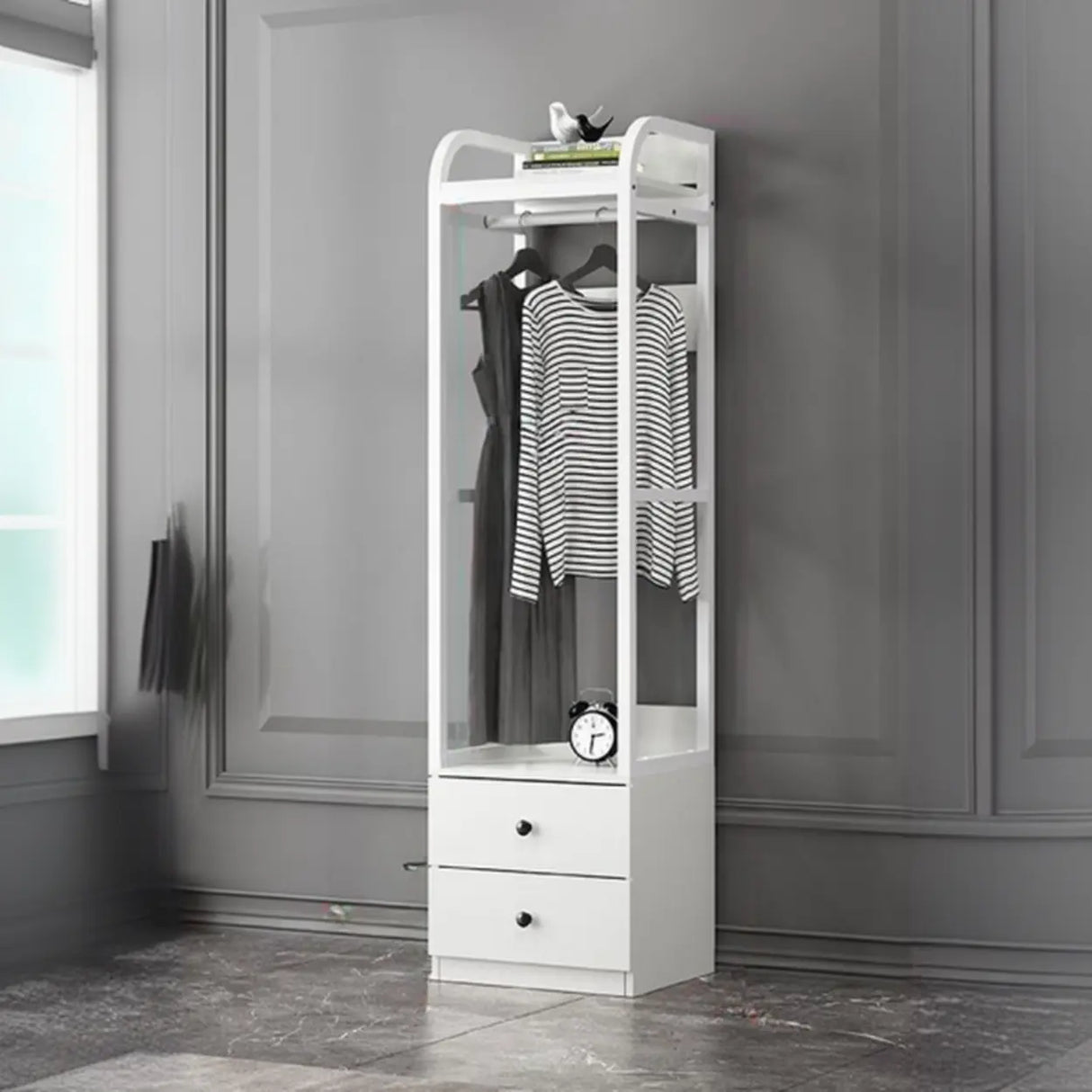 Metal Frame Shelves Brown Drawers Open Storage Hall Tree Image - 6