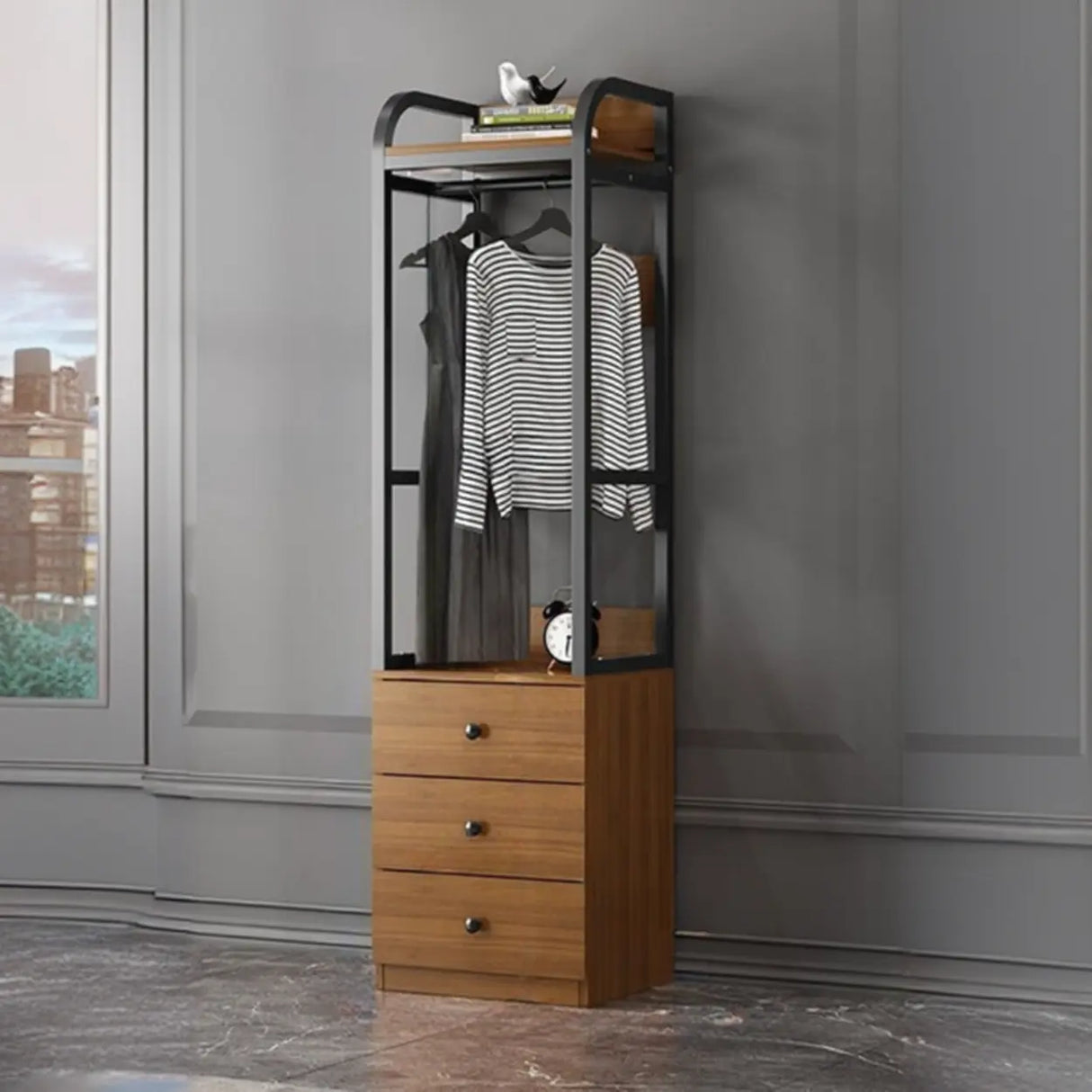 Metal Frame Shelves Brown Drawers Open Storage Hall Tree Image - 7