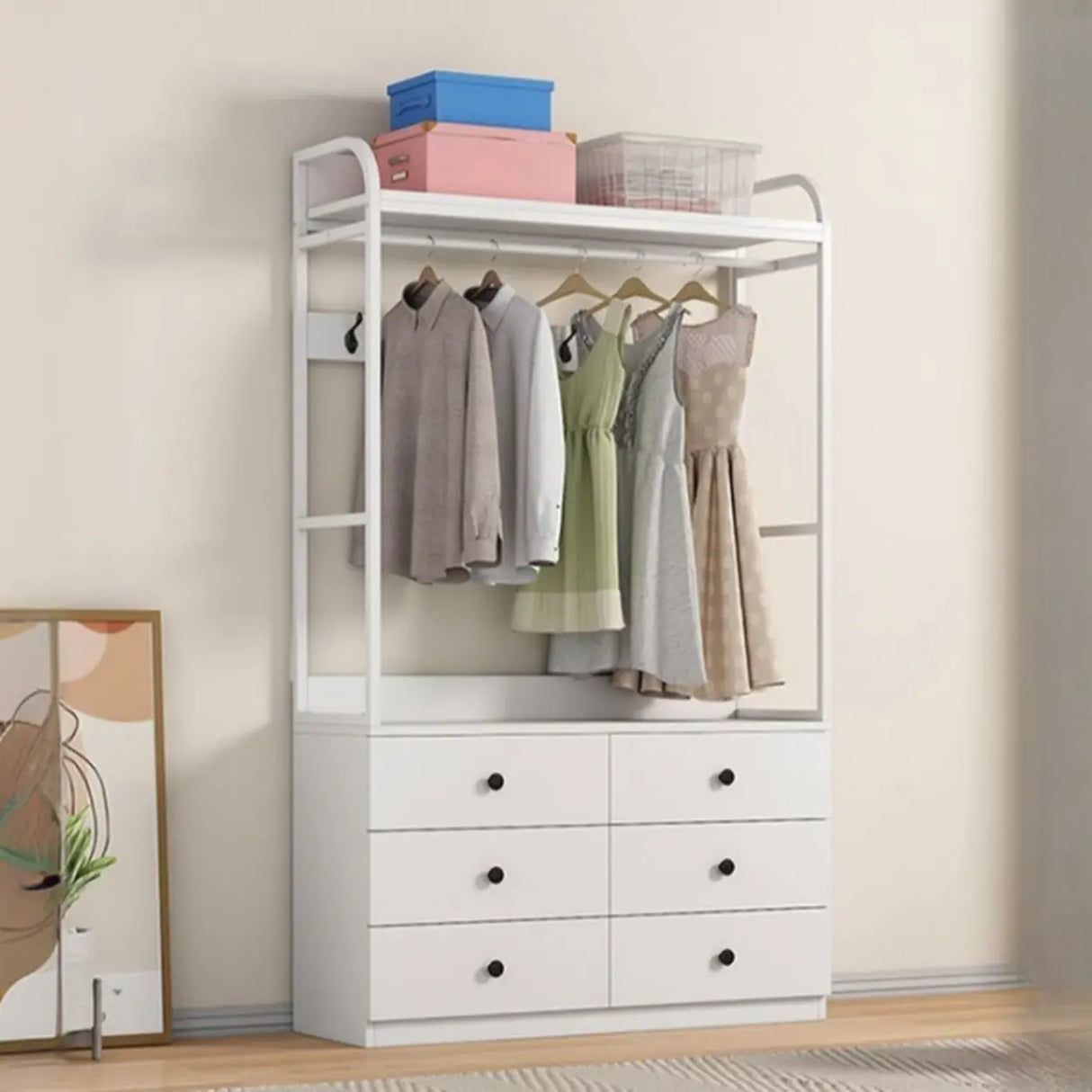 Metal Frame Shelves Brown Drawers Open Storage Hall Tree Image - 8